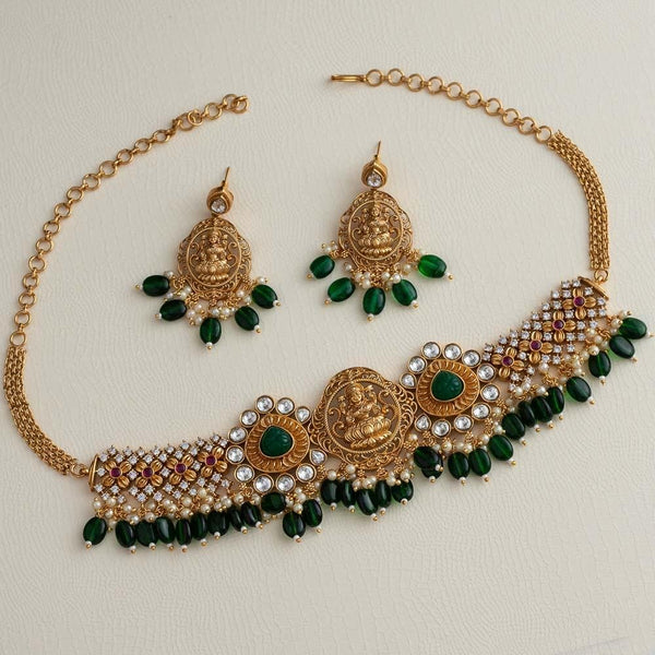 Goddess Lakshmi designed Green Beaded and Cluster Pearl Drops Statement Choker set